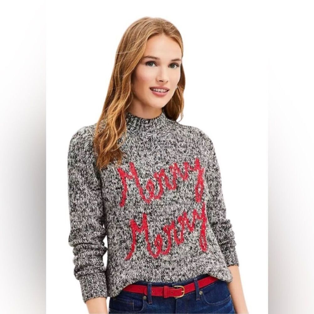 LOFT Merry Mock Neck Wool Blend Holiday Sweater Black White Speckled Knit Medium